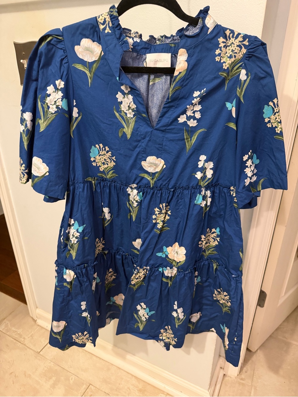 SugarLips Blue Floral Tiered V-Neck Women's Top